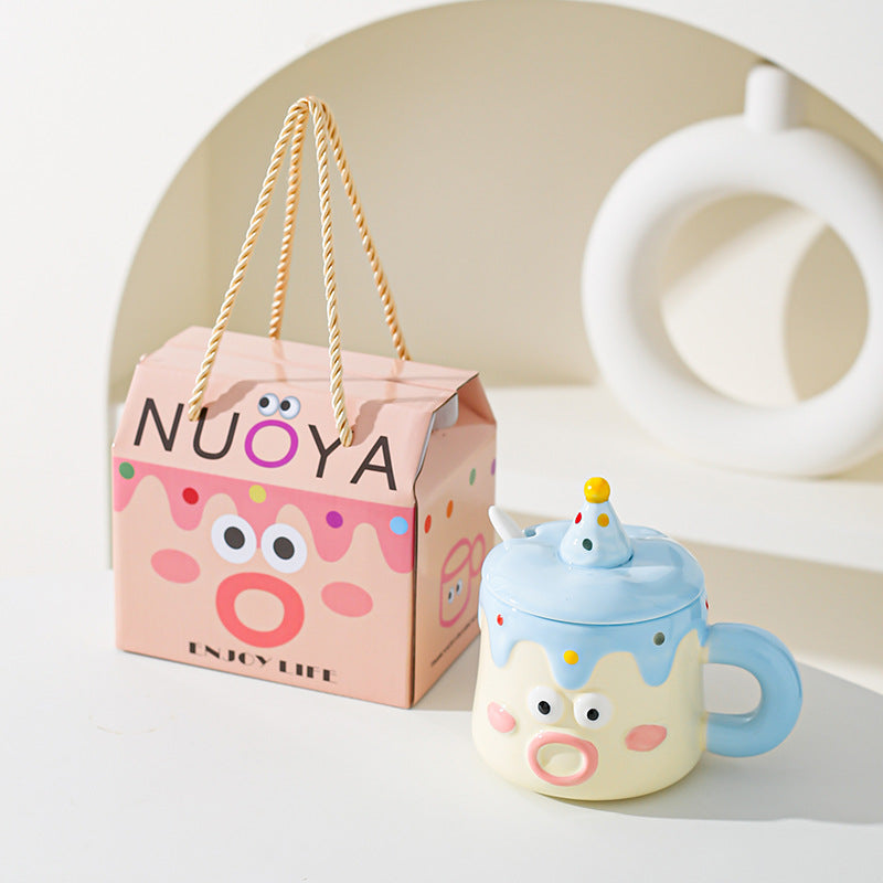 Blue Adorable Cartoon Character Ceramic Mug Set 420Ml With Fun Cake Design Lid & Matching Spoon Perfect Gift Cups Mugs & Glasses