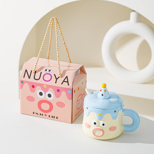 Blue Adorable Cartoon Character Ceramic Mug Set 420Ml With Fun Cake Design Lid & Matching Spoon Perfect Gift Cups Mugs & Glasses