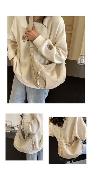 Beige Large Nylon Crescent Crossbody Bag Casual Slouchy Shoulder Purse Women's Bags & Handbags