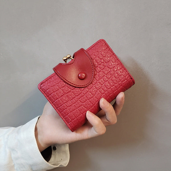 Red Elegant Croc Embossed Womens Wallet Short Pu Leather Bifold With Removable Kisslock Coin Purse & Card Holder Wallets