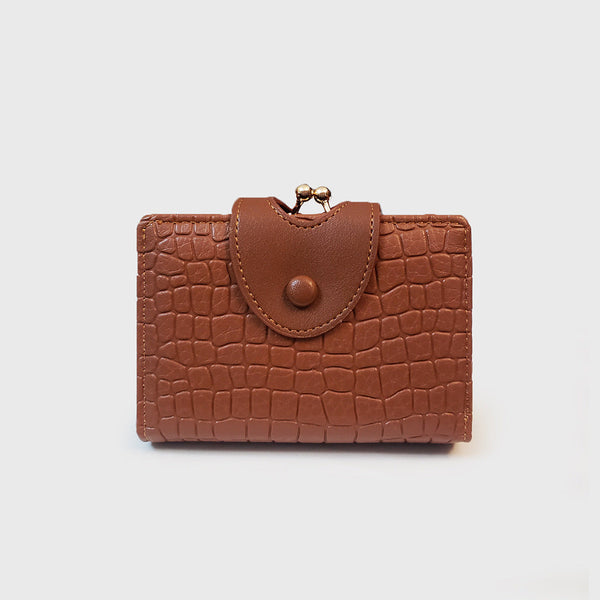 Brown Elegant Croc Embossed Womens Wallet Short Pu Leather Bifold With Removable Kisslock Coin Purse & Card Holder Wallets