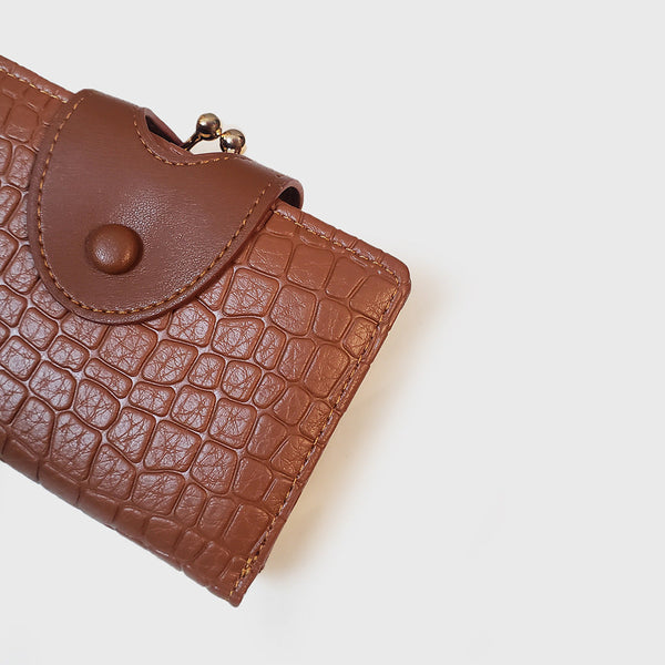 Brown Elegant Croc Embossed Womens Wallet Short Pu Leather Bifold With Removable Kisslock Coin Purse & Card Holder Wallets