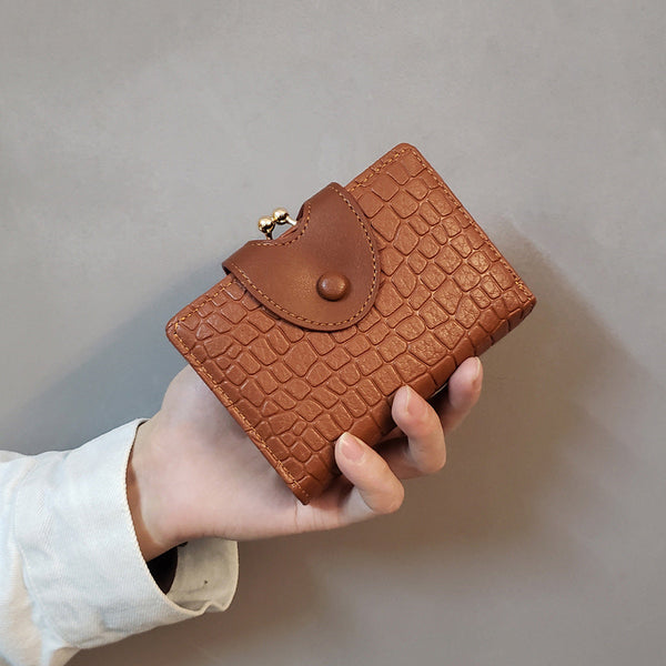 Brown Elegant Croc Embossed Womens Wallet Short Pu Leather Bifold With Removable Kisslock Coin Purse & Card Holder Wallets
