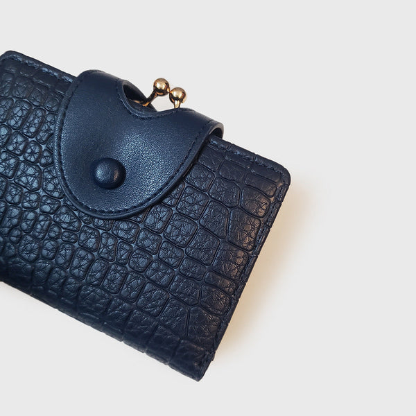 Dark Blue Elegant Croc Embossed Womens Wallet Short Pu Leather Bifold With Removable Kisslock Coin Purse & Card Holder Wallets