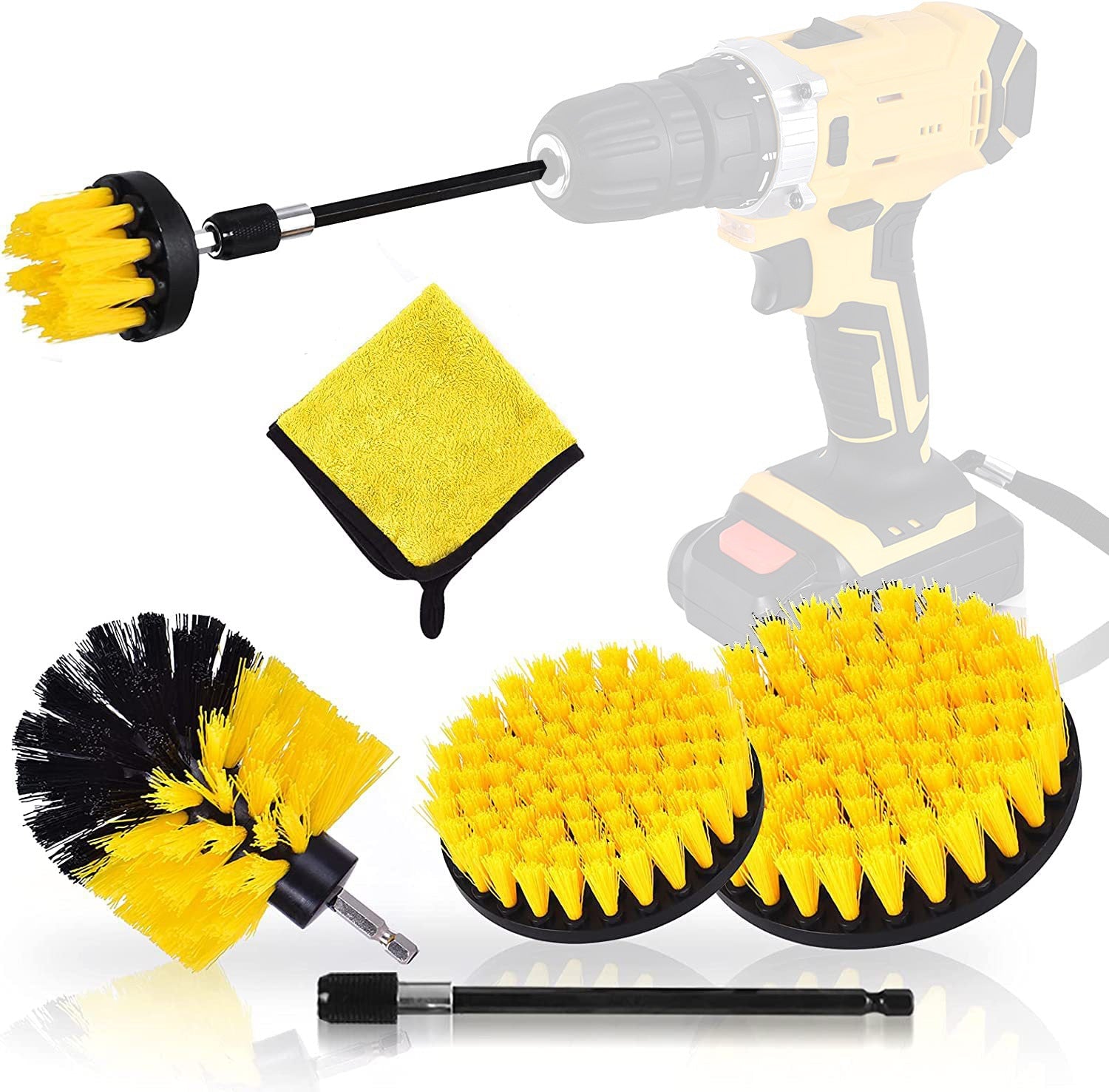 Yellow Black 6 Pack Drill Brush Power Scrubber Cleaning Extended Long Attachment Set All Purpose Brushes Kit Cleaning Brushes