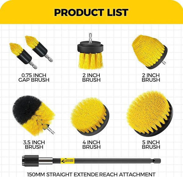 Yellow Black 6 Pack Drill Brush Power Scrubber Cleaning Extended Long Attachment Set All Purpose Brushes Kit Cleaning Brushes
