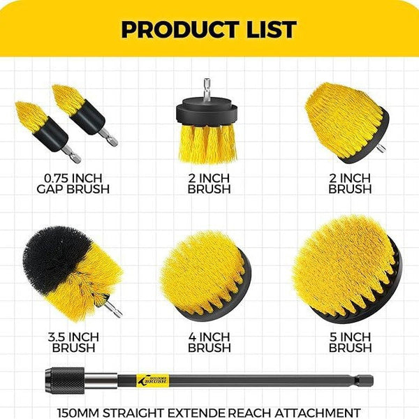 Yellow And Black Complete 7 Piece Drill Brush Power Scrubber Set All Purpose Cleaning Kit For Bathroom Tile Car Detailing & More Mops Brooms & Scrubbe