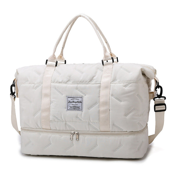 White Stylish Quilted Duffel Bag For Travel & Gym Large Capacity Weekender With Shoe Compartment And Wet Pocket Duffle Bags