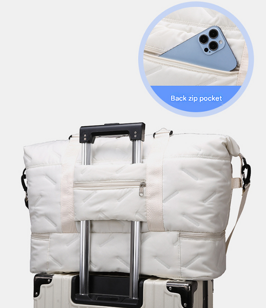 White Stylish Quilted Duffel Bag For Travel & Gym Large Capacity Weekender With Shoe Compartment And Wet Pocket Duffle Bags