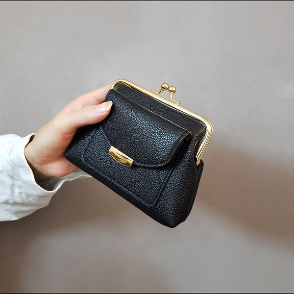 Black Style Women's Kiss Lock Coin Purse Compact Leather Wallet With Card Holder Wallets