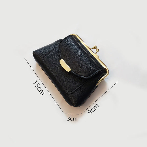 Black Style Women's Kiss Lock Coin Purse Compact Leather Wallet With Card Holder Wallets
