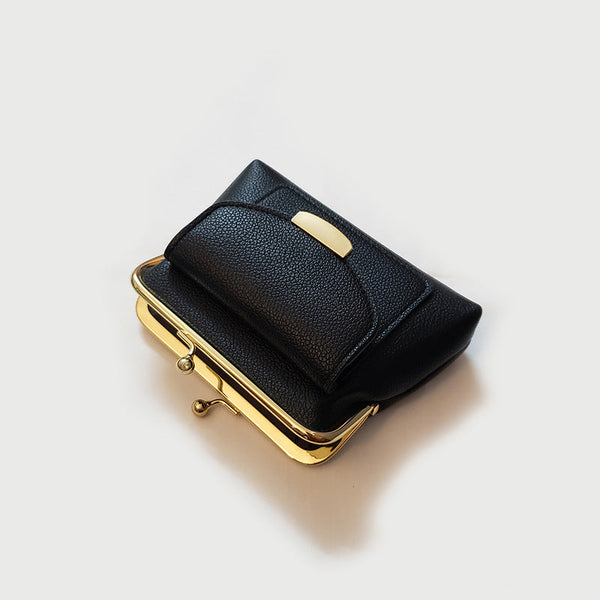 Black Style Women's Kiss Lock Coin Purse Compact Leather Wallet With Card Holder Wallets