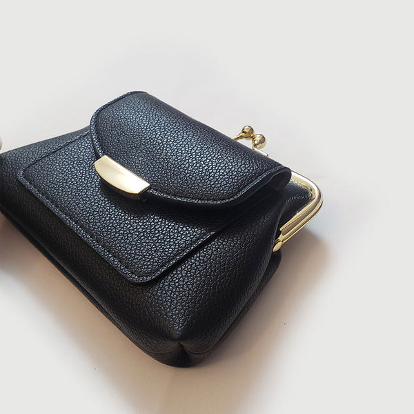 Black Style Women's Kiss Lock Coin Purse Compact Leather Wallet With Card Holder Wallets