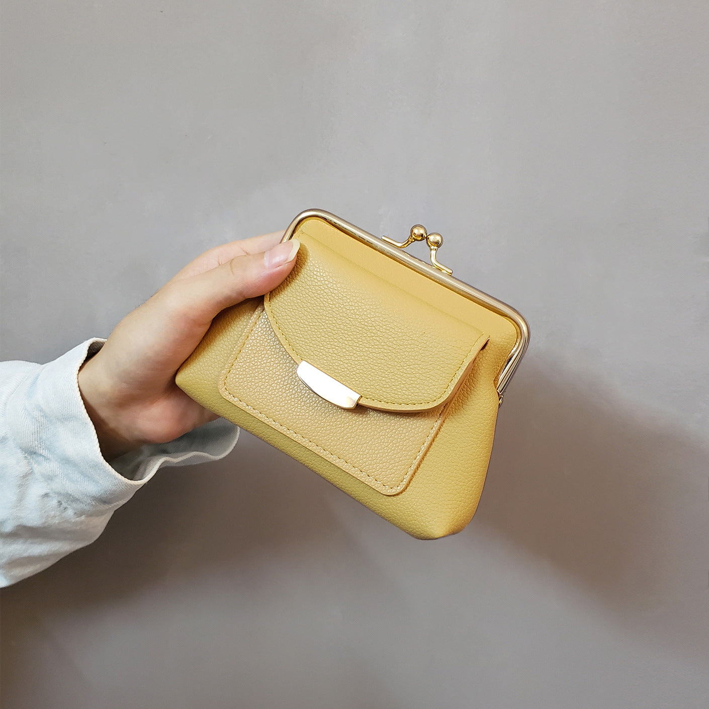 Yellow Style Women's Kiss Lock Coin Purse Compact Leather Wallet With Card Holder Wallets