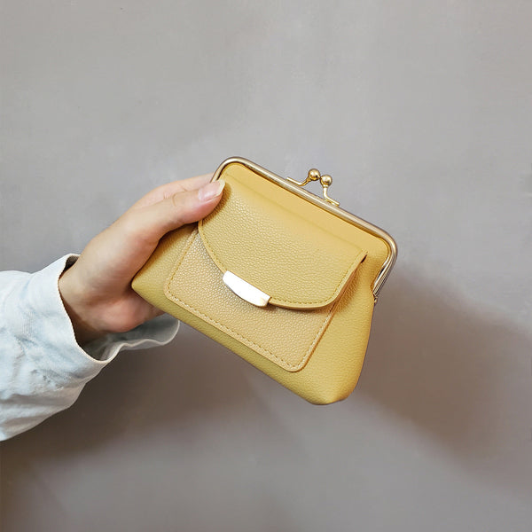 Yellow Style Women's Kiss Lock Coin Purse Compact Leather Wallet With Card Holder Wallets