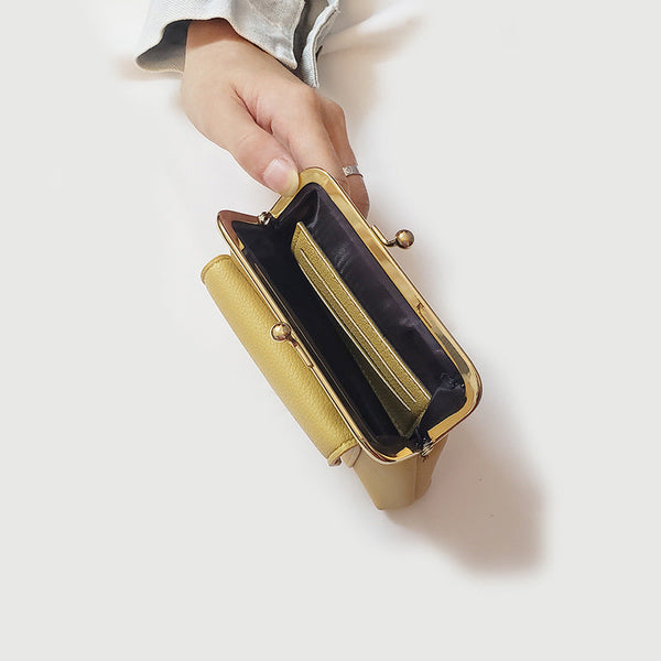 Yellow Style Women's Kiss Lock Coin Purse Compact Leather Wallet With Card Holder Wallets