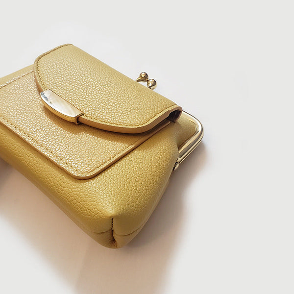 Yellow Style Women's Kiss Lock Coin Purse Compact Leather Wallet With Card Holder Wallets