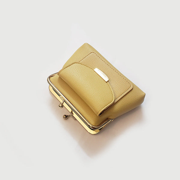 Yellow Style Women's Kiss Lock Coin Purse Compact Leather Wallet With Card Holder Wallets