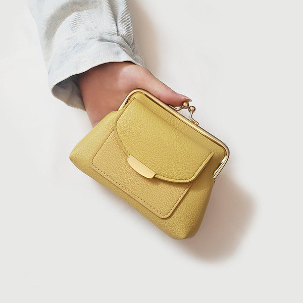 Yellow Style Women's Kiss Lock Coin Purse Compact Leather Wallet With Card Holder Wallets