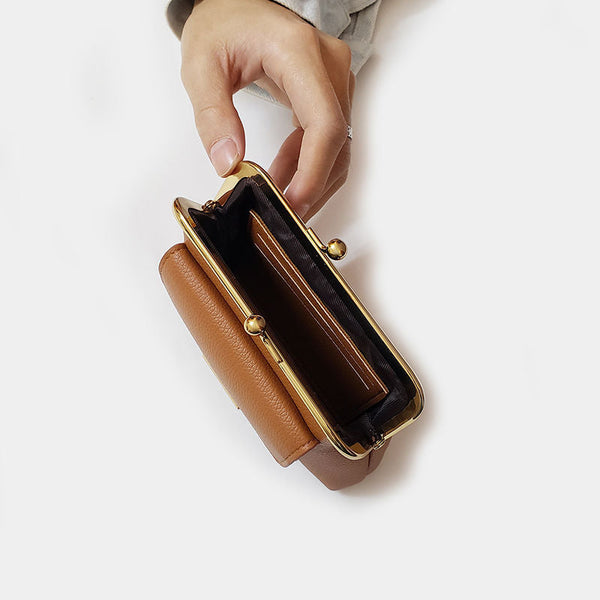 Brown Style Women's Kiss Lock Coin Purse Compact Leather Wallet With Card Holder Wallets