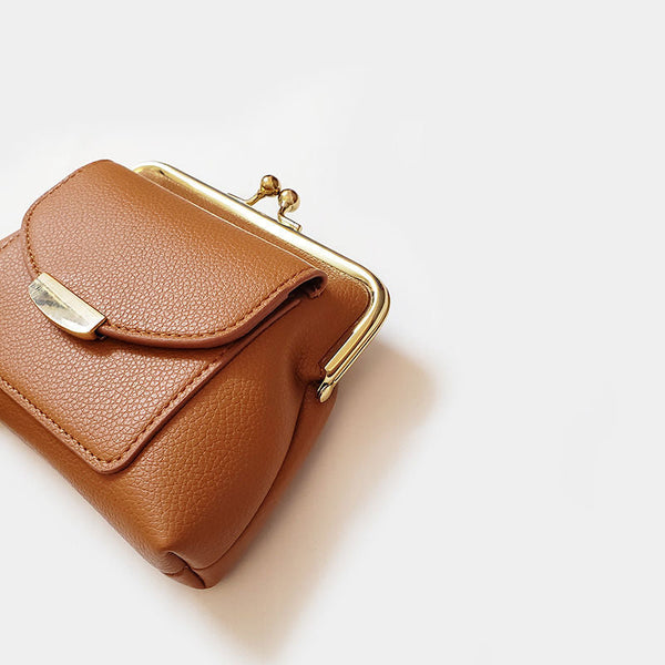 Brown Style Women's Kiss Lock Coin Purse Compact Leather Wallet With Card Holder Wallets