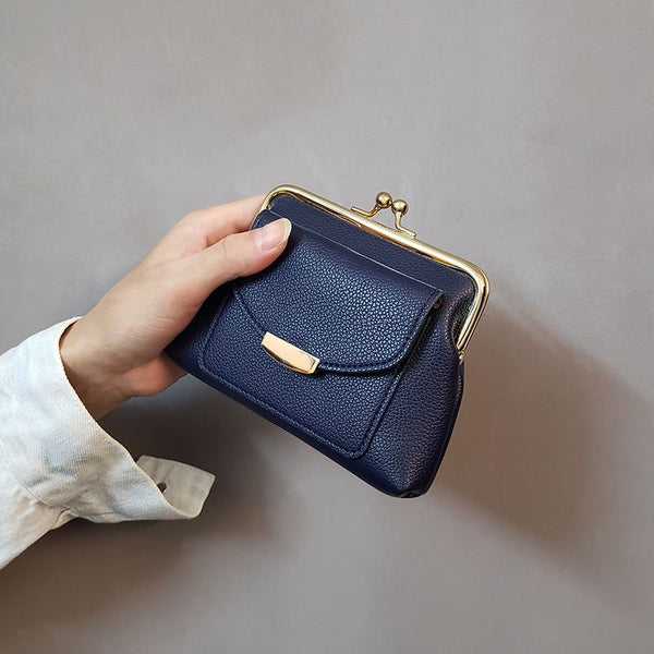 Dark Blue Style Women's Kiss Lock Coin Purse Compact Leather Wallet With Card Holder Wallets