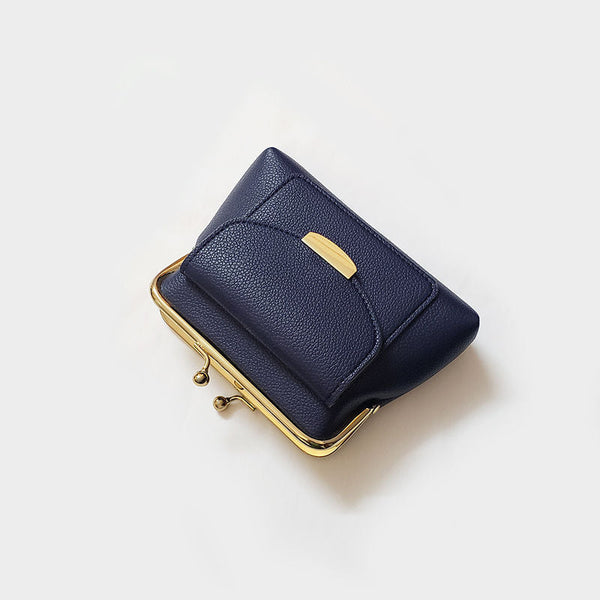 Dark Blue Style Women's Kiss Lock Coin Purse Compact Leather Wallet With Card Holder Wallets