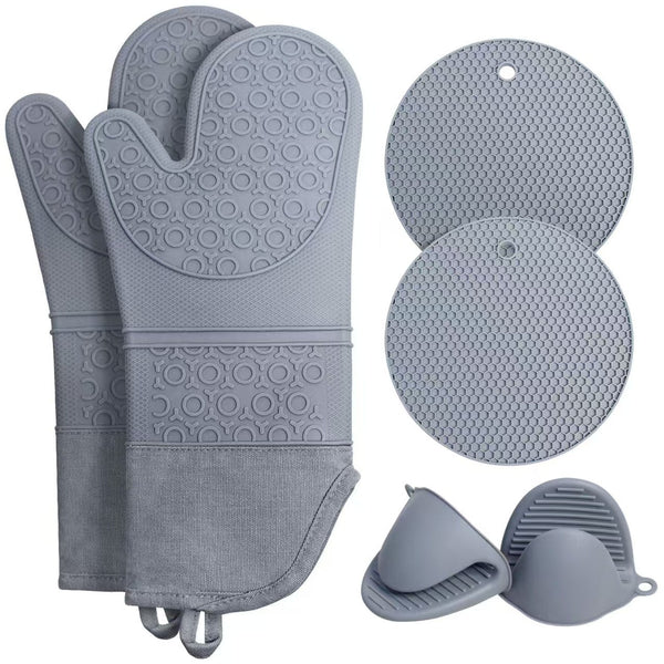 Grey 6 Piece Silicone Oven Mitts And Pot Holders Set Extra Long Waterproof Heat Resistant Gloves With Non Slip Grip For Kitchen Baking Bbq Oven Mitts