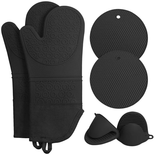 Black 6 Piece Silicone Oven Mitts And Pot Holders Set Extra Long Waterproof Heat Resistant Gloves With Non Slip Grip For Kitchen Baking Bbq Oven Mitts