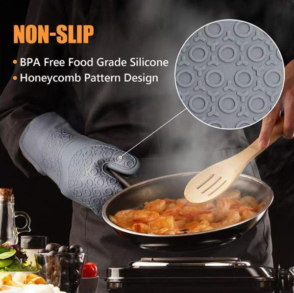 Black 6 Piece Silicone Oven Mitts And Pot Holders Set Extra Long Waterproof Heat Resistant Gloves With Non Slip Grip For Kitchen Baking Bbq Oven Mitts