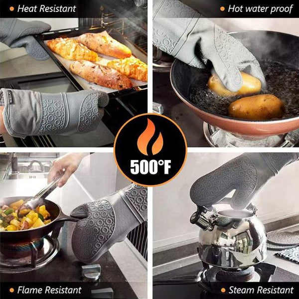 Black 6 Piece Silicone Oven Mitts And Pot Holders Set Extra Long Waterproof Heat Resistant Gloves With Non Slip Grip For Kitchen Baking Bbq Oven Mitts