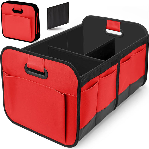 Red And Black Heavy Duty Collapsible Car Boot Organiser Large 65L Waterproof Trunk Storage Box With Compartments For Suv & Car Organisers