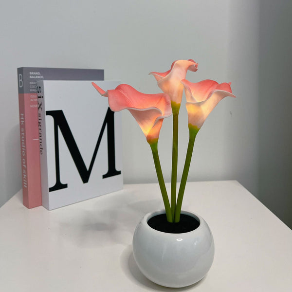 Pink Elegant Calla Lily Led Table Lamp Lifelike Potted Flower Accent Light For Bedside Home Decor Lamps