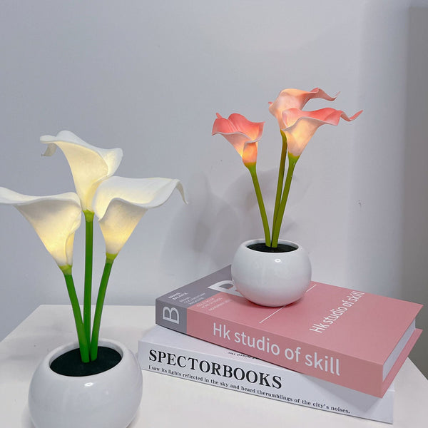 Pink Elegant Calla Lily Led Table Lamp Lifelike Potted Flower Accent Light For Bedside Home Decor Lamps
