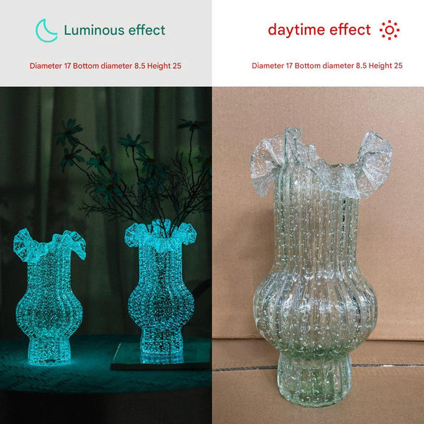 Green Elegant Glow In The Dark Glass Vase Vintage Style Ruffled & Ribbed Centrepiece Vases