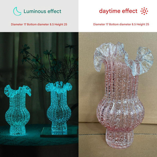 Pink Elegant Glow In The Dark Glass Vase Vintage Style Ruffled & Ribbed Centrepiece Vases