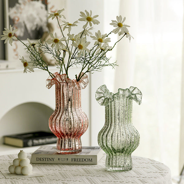 Pink Elegant Glow In The Dark Glass Vase Vintage Style Ruffled & Ribbed Centrepiece Vases