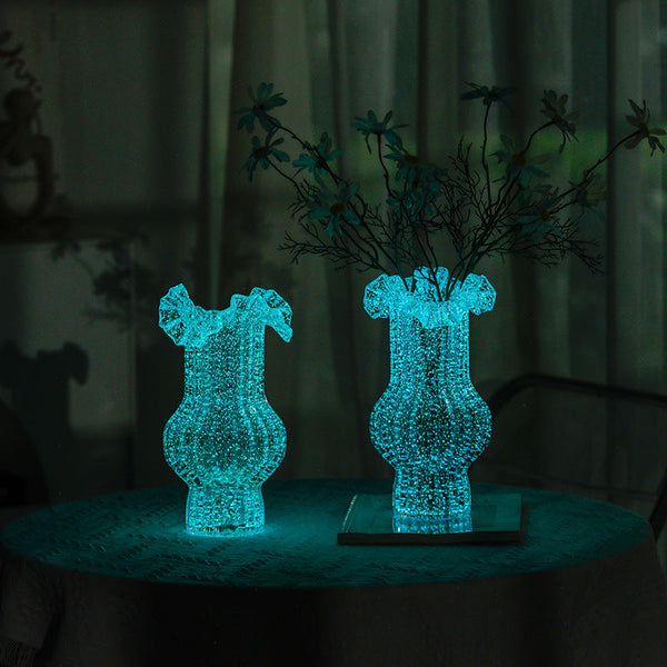 Pink Elegant Glow In The Dark Glass Vase Vintage Style Ruffled & Ribbed Centrepiece Vases