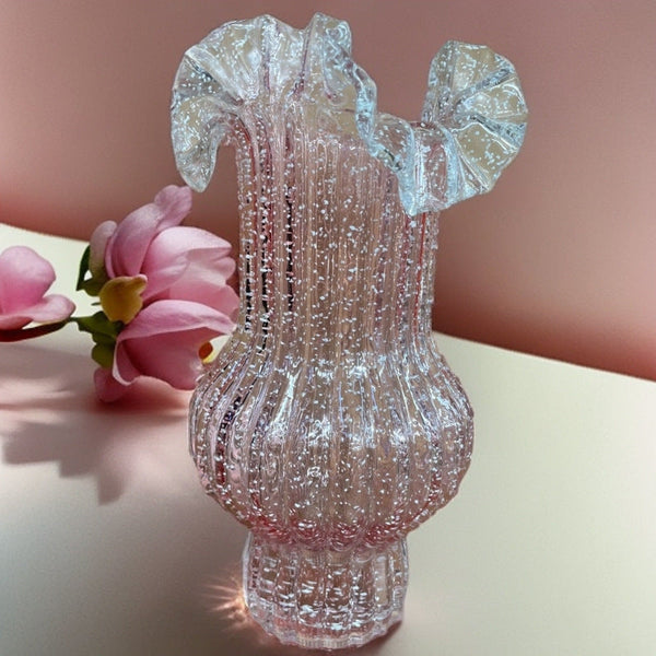 Pink Elegant Glow In The Dark Glass Vase Vintage Style Ruffled & Ribbed Centrepiece Vases