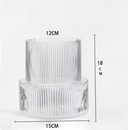 Transparent Modern Two Tier Ribbed Glass Vase Elegant Cylindrical Flower Centrepiece For Home Decor Vases