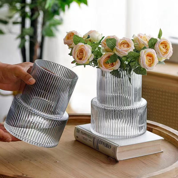 Transparent Modern Two Tier Ribbed Glass Vase Elegant Cylindrical Flower Centrepiece For Home Decor Vases