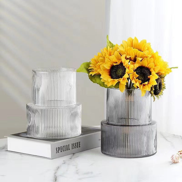 Transparent Modern Two Tier Ribbed Glass Vase Elegant Cylindrical Flower Centrepiece For Home Decor Vases