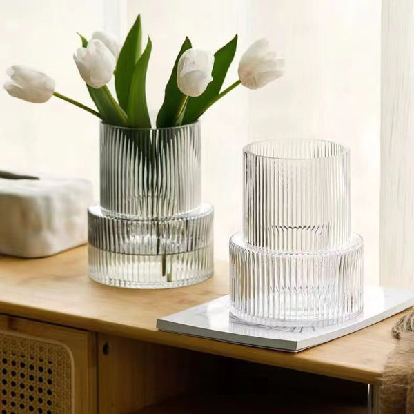 Transparent Modern Two Tier Ribbed Glass Vase Elegant Cylindrical Flower Centrepiece For Home Decor Vases
