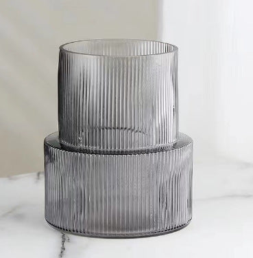 Grey Modern Two Tier Ribbed Glass Vase Elegant Cylindrical Flower Centrepiece For Home Decor Vases