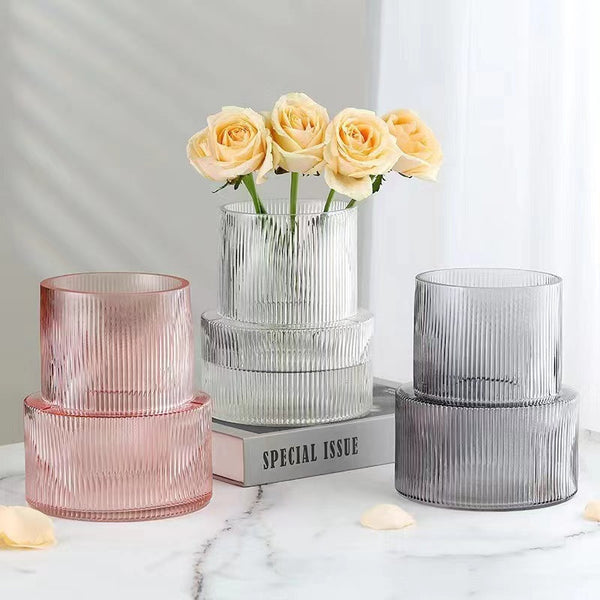 Grey Modern Two Tier Ribbed Glass Vase Elegant Cylindrical Flower Centrepiece For Home Decor Vases