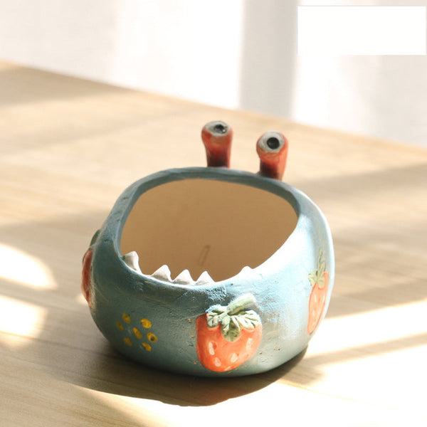 2 Pcs Blue Whimsical Monster Ceramic Succulent Planter Hand Painted Character Pot With Drainage Planters & Vases