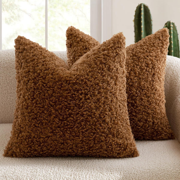 2 Pcs Brown Cozy Teddy Boucle Cushion Cover Plush Decorative Square Pillow Case For Sofa & Bed Cushion Covers