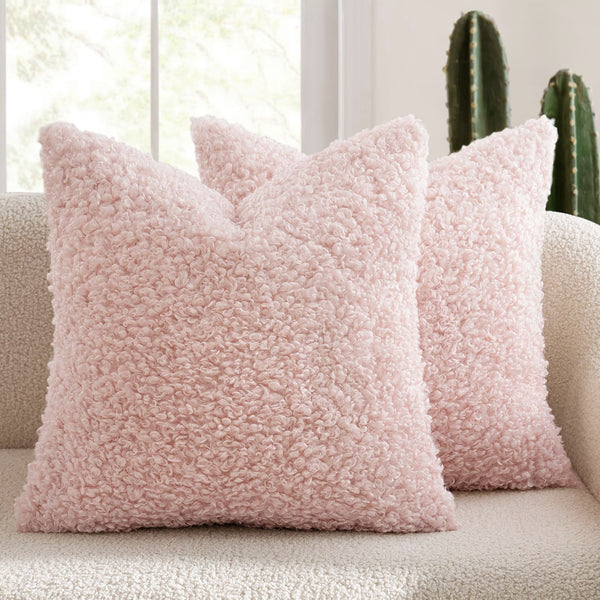 2 Pcs Pink Cozy Teddy Boucle Cushion Cover Plush Decorative Square Pillow Case For Sofa & Bed Cushion Covers