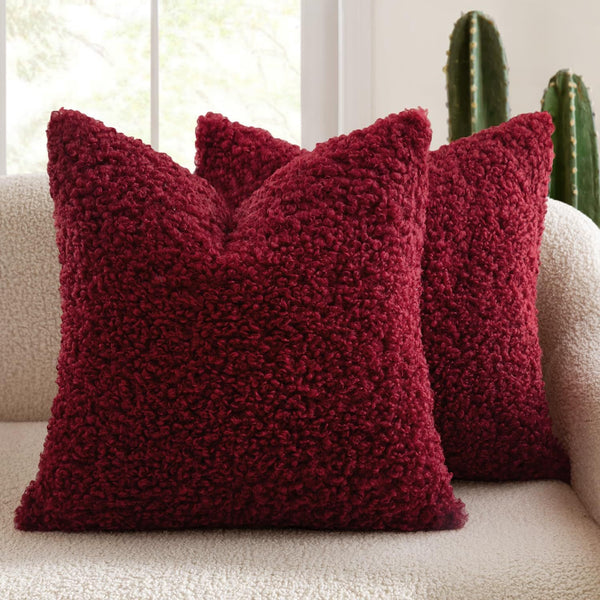 2 Pcs Red Cozy Teddy Boucle Cushion Cover Plush Decorative Square Pillow Case For Sofa & Bed Cushion Covers