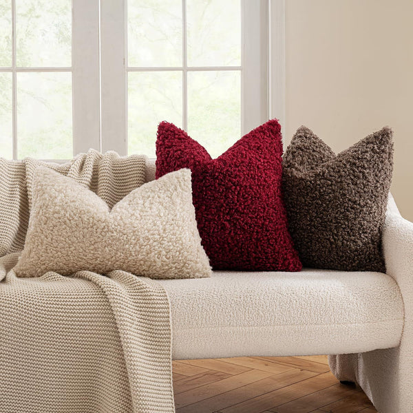 2 Pcs Red Cozy Teddy Boucle Cushion Cover Plush Decorative Square Pillow Case For Sofa & Bed Cushion Covers